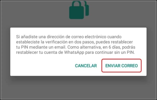 enviar correo pin WhatsApp olvidado