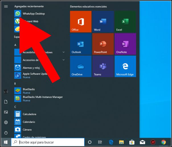 WhatsApp Desktop desde el menú de inicio de Windows
