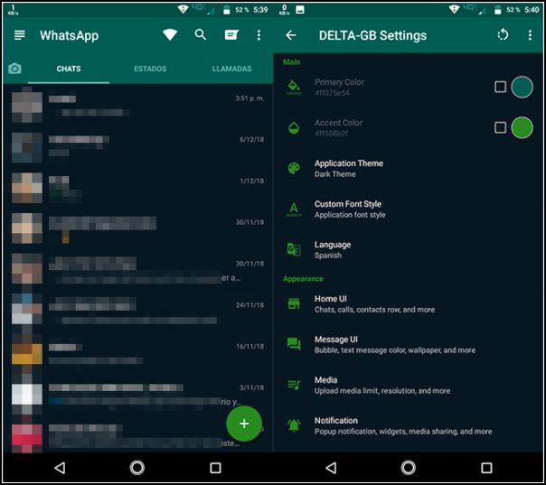 aspecto de GBWhatsApp Delta