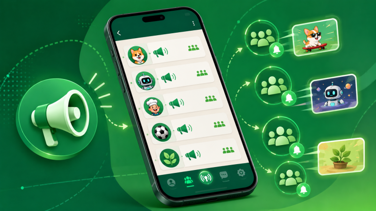 Lista de canales de WhatsApp con icono de difusión en el móvil