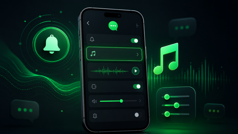 Tono de notificación personalizado en WhatsApp con un móvil mostrando ajustes de sonido y notificaciones del chat