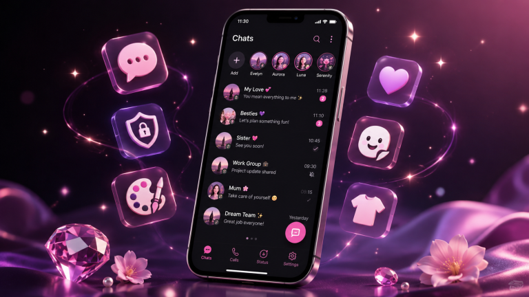 WhatsApp femenino con interfaz rosa y morada, diseño personalizado, iconos de privacidad, temas y chats en un smartphone.