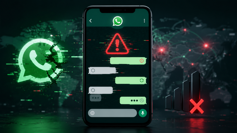 WhatsApp no funciona hoy con un móvil mostrando errores de conexión y mensajes fallidos.