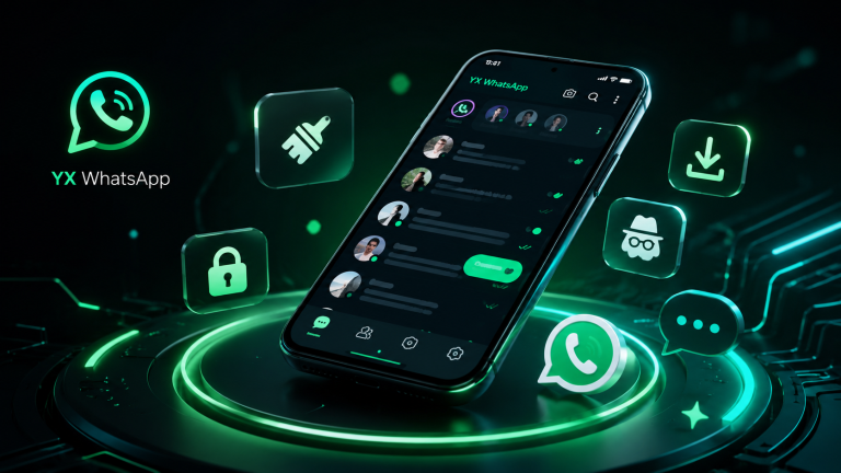 YX WhatsApp mod con interfaz de chat personalizada, funciones de privacidad y diseño moderno en un smartphone.